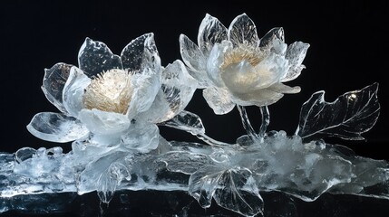 A floral ice sculpture with petals and leaves encapsulated in layers of transparent ice, creating a frozen garden effect