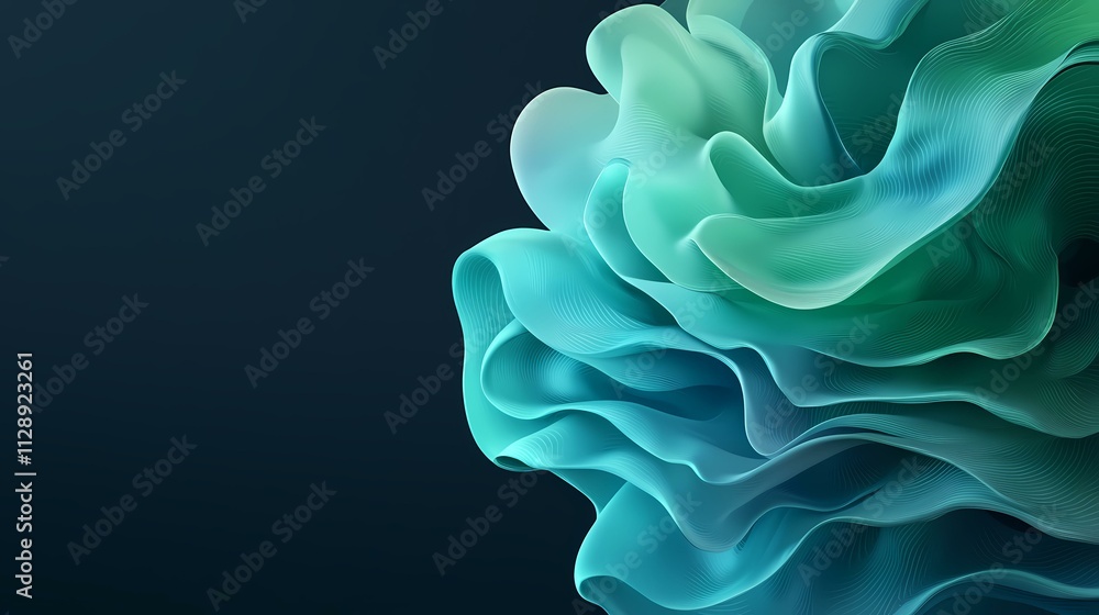 Poster an abstract image featuring a dynamic, flowing form resembling teal-colored fabric or waves, layered