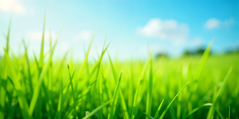 Fototapeta premium Dewy green grass blades with a blurred bright green background.