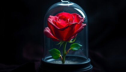 Enchanted rose with vibrant red petals, housed under a delicate glass dome in a dark, mysterious setting, The rose has an ethereal glow, and faint sparkles surround it, The glass dome is slightly fogg