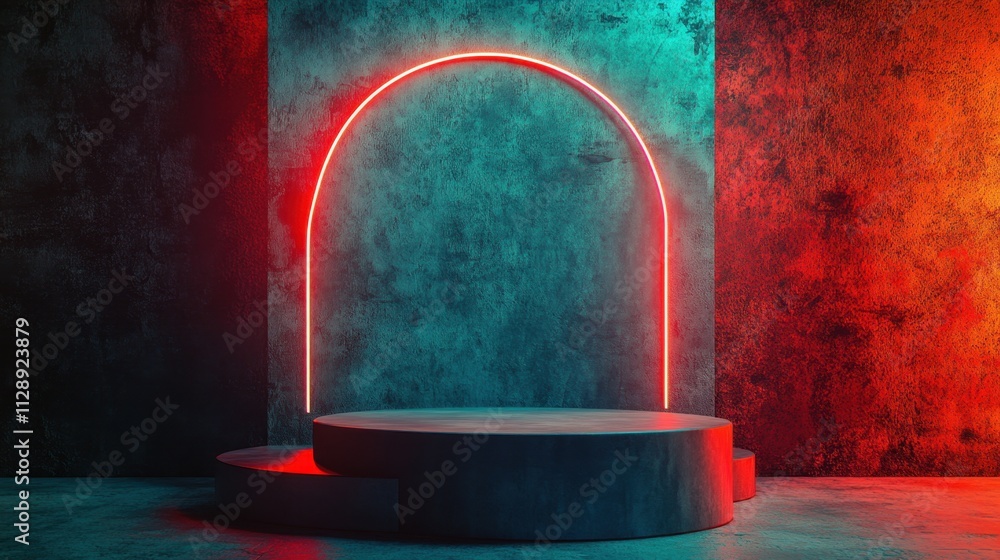 Poster neon arch with circular platform on a textured background
