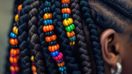 A detailed capture of hair braided into cornrows decorated with colorful beads.