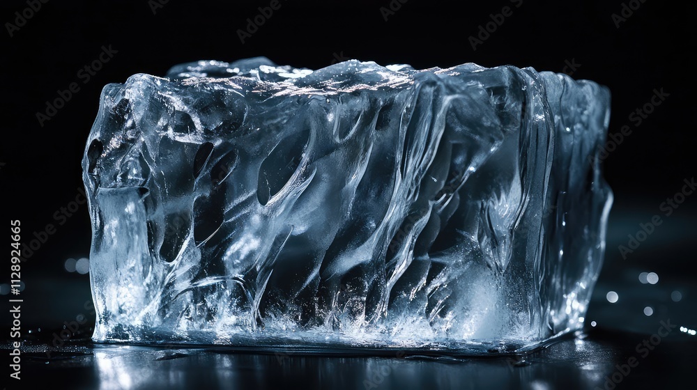 Poster a frosted ice block with jagged edges, positioned on a black background, its sharp details glowing s