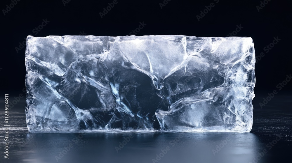 Poster a frosted ice block with jagged edges, positioned on a black background, its sharp details glowing s