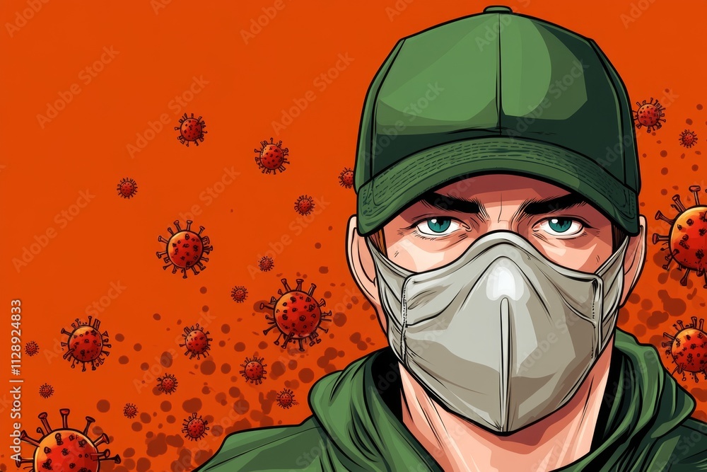 Aufkleber A pixel art depiction of a masked character standing in front of a quarantine zone, with tiny animated virus particles floating around them