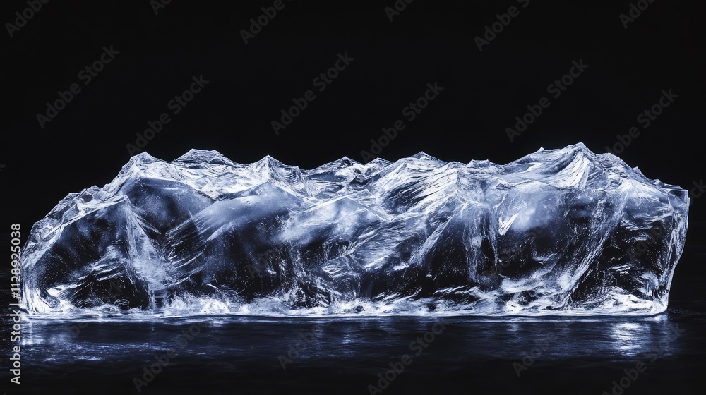 Poster a frosted ice block with jagged edges, positioned on a black background, its sharp details glowing s