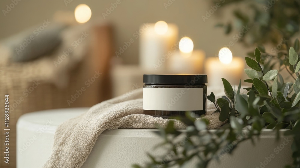 Poster natural beauty products are showcased on a table surrounded by candles and foliage, creating a peace