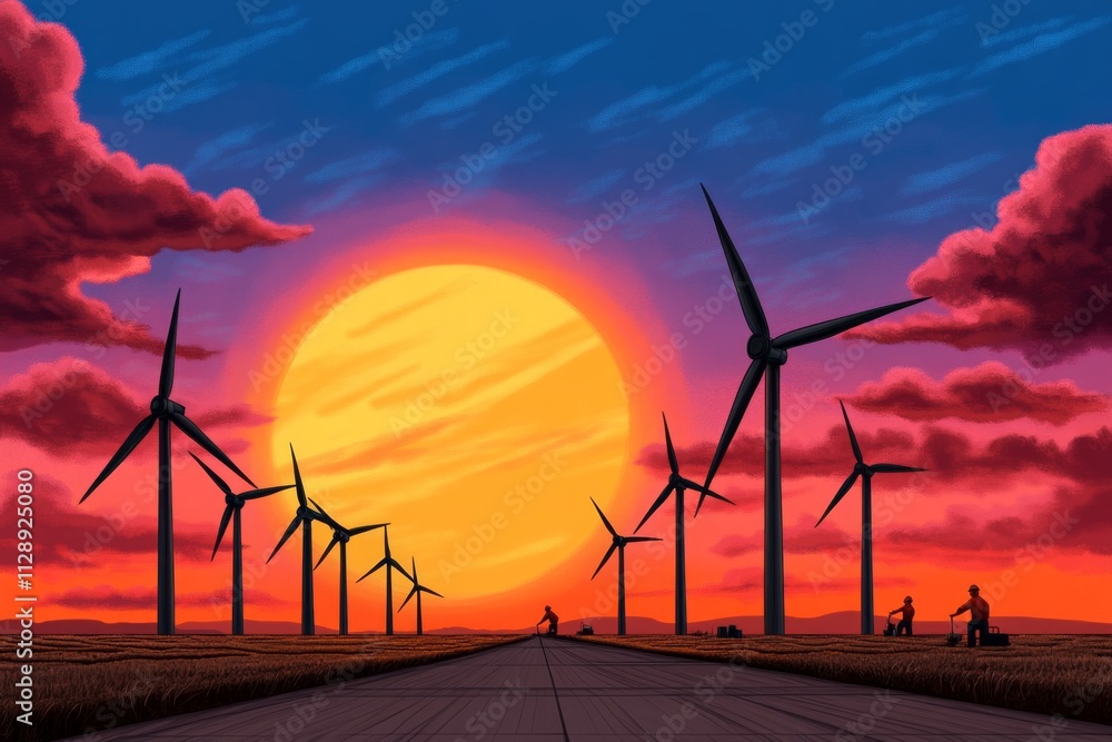 Poster a pixel art depiction of a wind farm with animated spinning blades and tiny pixelated workers mainta