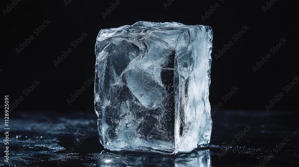 Aufkleber a frosted ice block with jagged edges, positioned on a black background, its sharp details glowing s