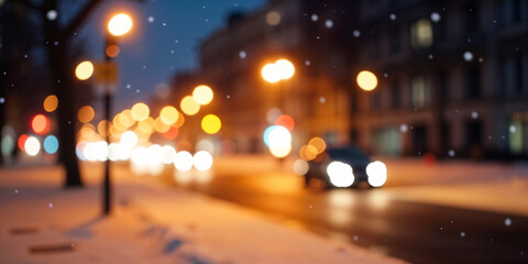 Abstract blur urban city street road with people walking and lighting bokeh for background.
