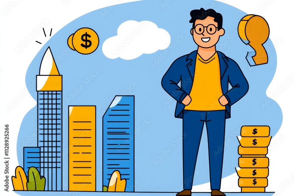 Poster a pixel art depiction of an entrepreneur managing a virtual business, with animated dollar signs and