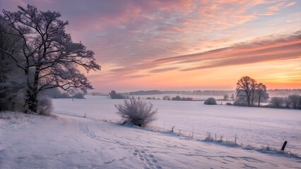Snowy field with trees and a colorful sky