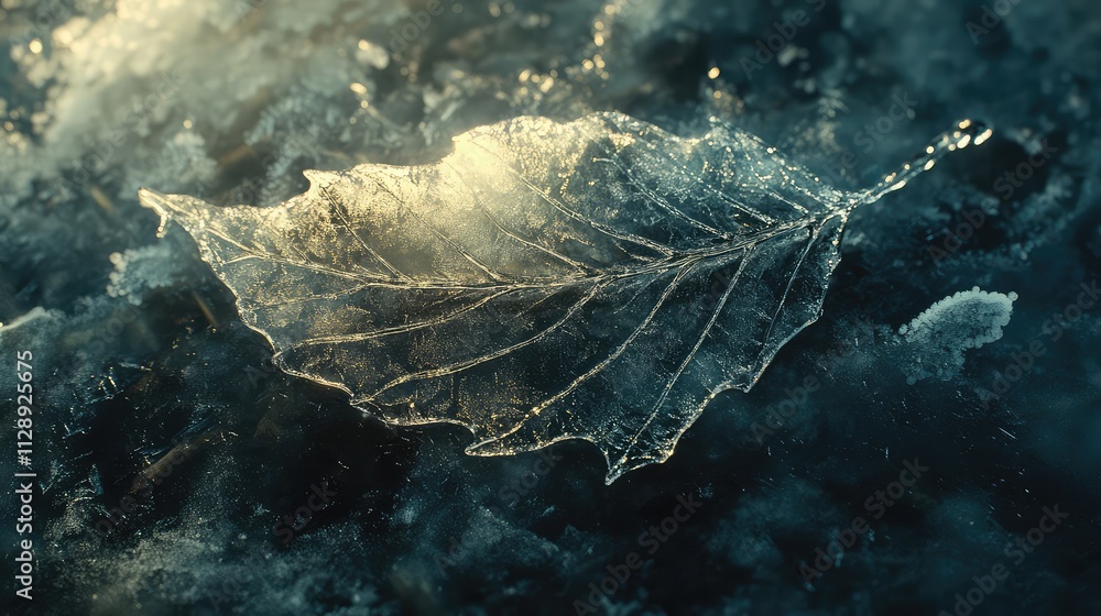Poster a frosty leaf encased in ice, with jagged frost lines and translucent edges illuminated by soft morn