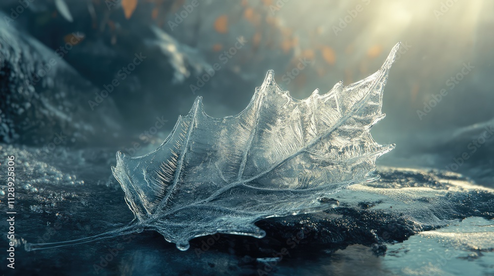 Poster a frosty leaf encased in ice, with jagged frost lines and translucent edges illuminated by soft morn