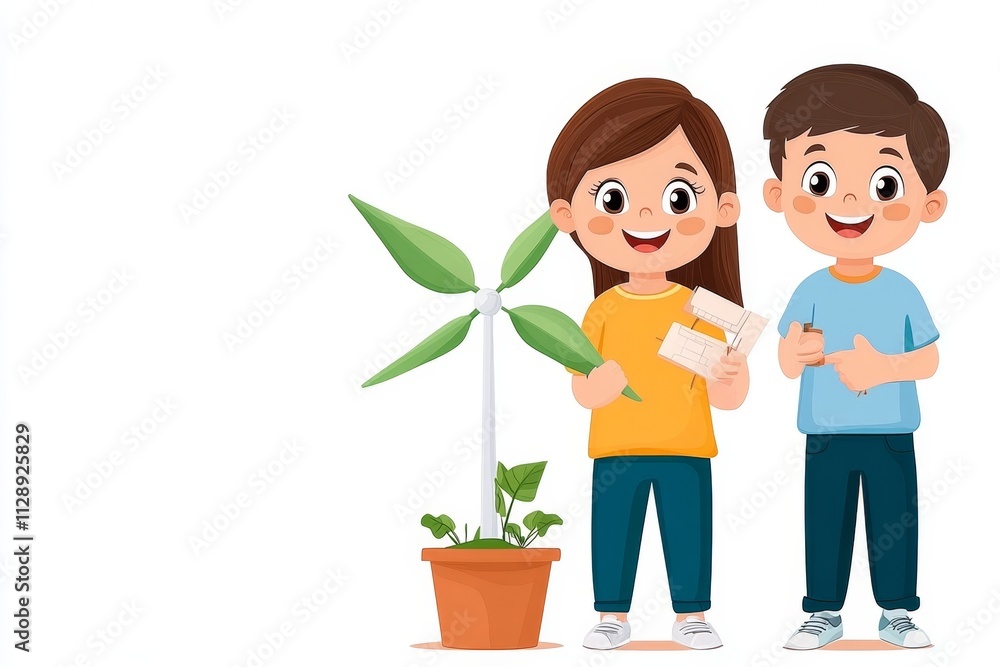 Poster A playful flat 2D design showing children building a small model wind turbine as part of an educational project, isolated on white