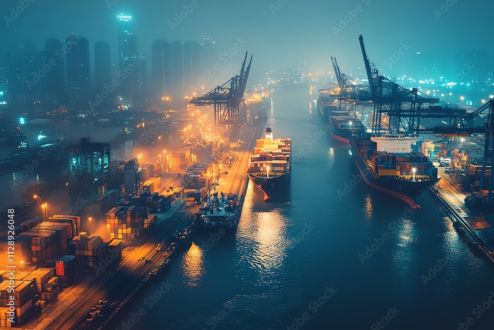Poster a foggy night view of a busy shipping port with illuminated cranes and cargo ships.