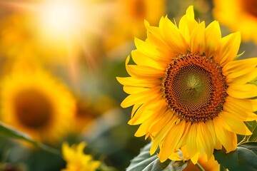 Obraz premium beautiful fresh yellow sunflowers flowers in full frame background, A vibrant sunflower in bloom, in sunlight, Sunflower in full bloom in a sunlit field.