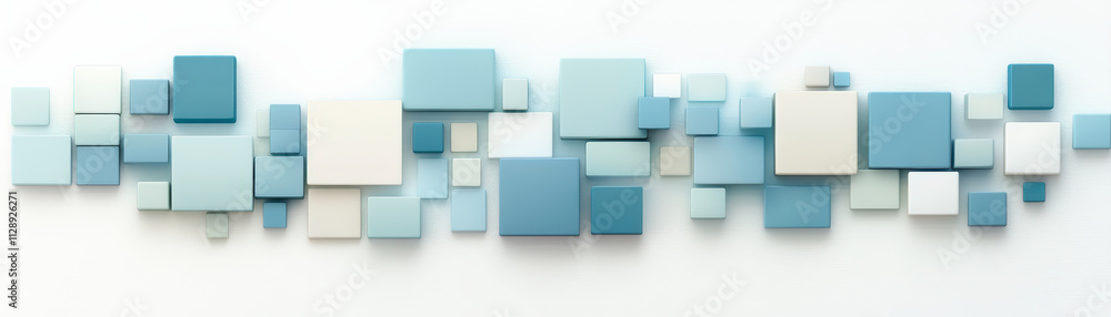 Poster a modern abstract composition featuring a collection of overlapping, variously sized blue and white 