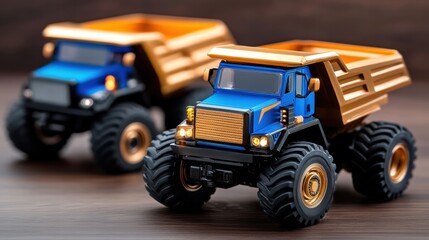 Blue and Gold Monster Truck Toy on Wooden Surface