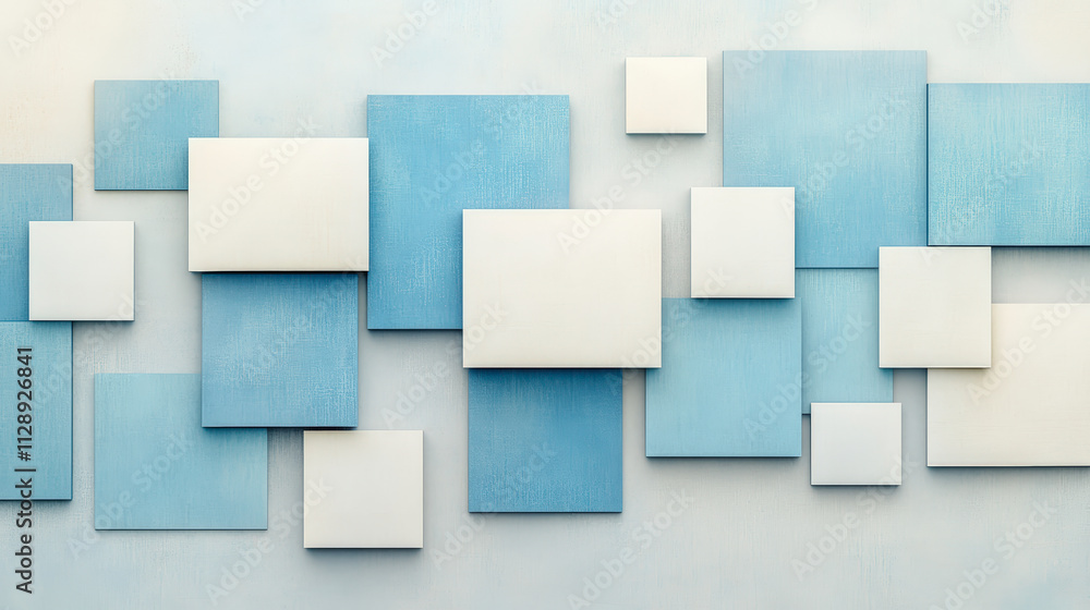 Aufkleber abstract art featuring a series of overlapping blue and white square panels, creating a modern geome