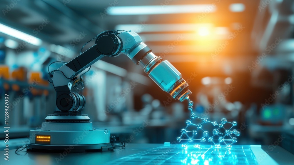 Poster nanotechnology materials science concept. robotic arm manipulating digital structures in a modern in