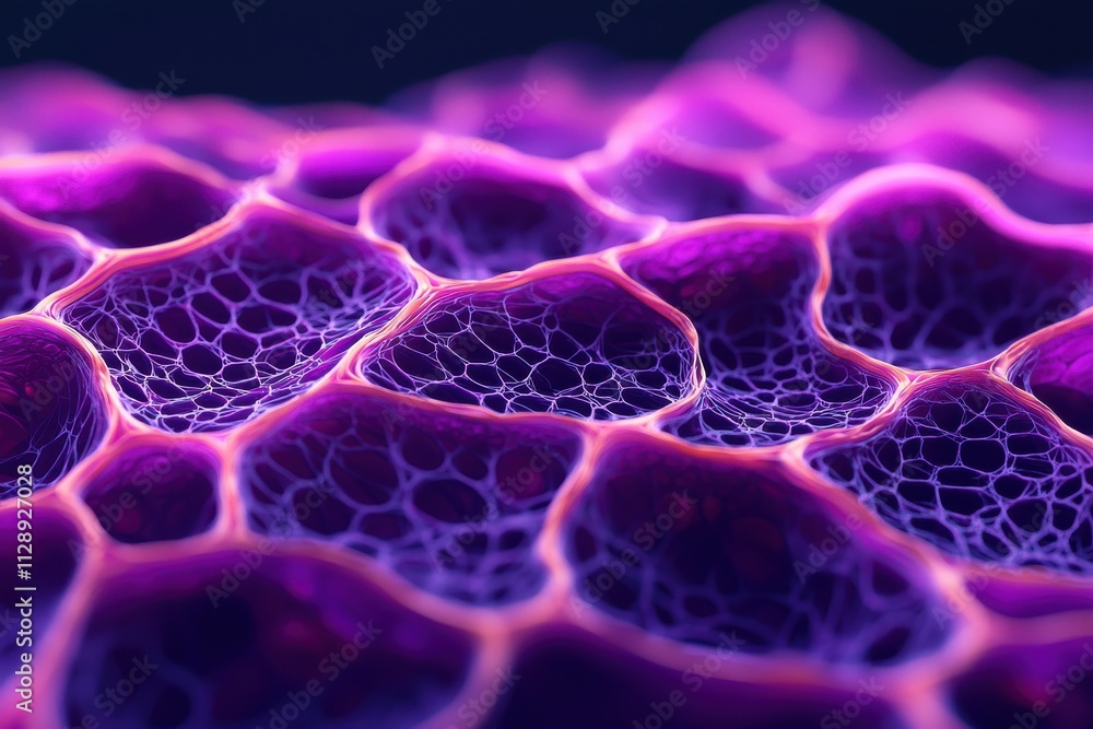 Poster nanotechnology materials science concept. vibrant close-up of purple cellular structure with intrica