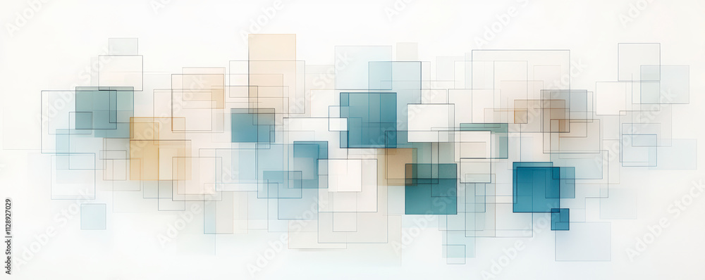 Poster abstract geometric design featuring layered translucent squares in shades of blue, beige, and white,