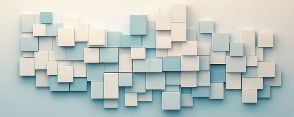 A minimalist wall art installation features an arrangement of blue and white geometric squares, creating a soothing abstract pattern with varying shades and dimensions.