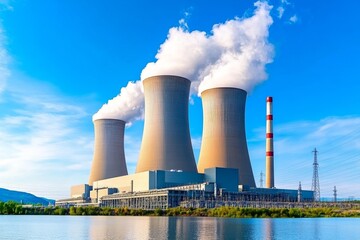 Obraz premium A serene image of a nuclear power plant with cooling towers releasing white steam into a blue sky