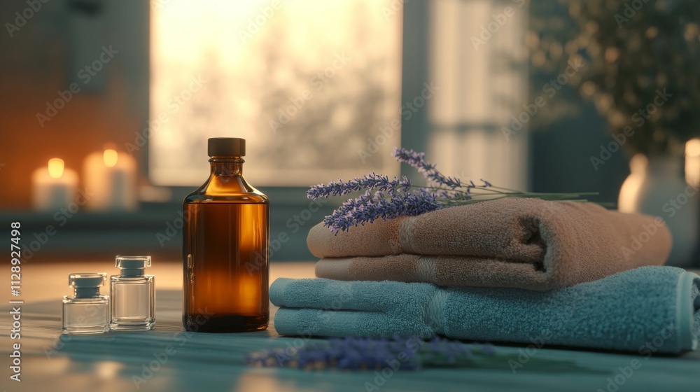 Fototapete soft towels and amber bottles filled with essential oils are arranged harmoniously on a wooden surfa