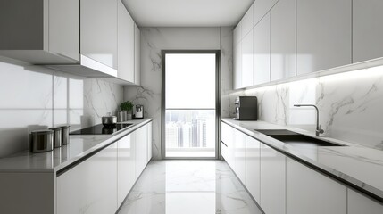 Minimalist kitchen with white cabinets and marble countertops