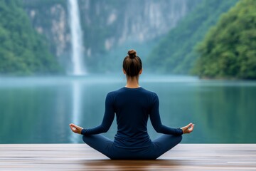 Fototapeta premium A serene image of a person meditating by a lake, their face reflecting calm and inner peace