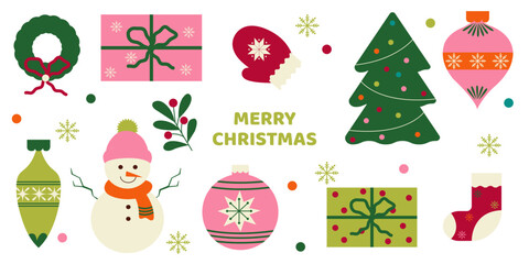 Christmas vector flat cartoon illustration set with winter holiday decorations design elements, festive ornament sticker collection