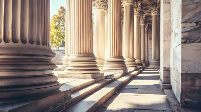 A row of classical columns with steps.