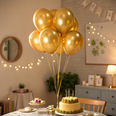 happy birthday with realistic golden balloons