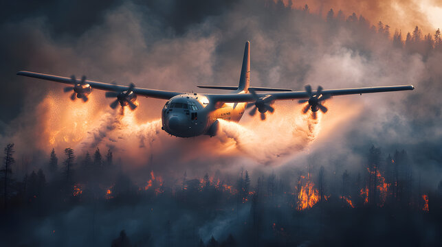 A fire-fighting plane releasing a massive load of water over a blazing forest fire.
