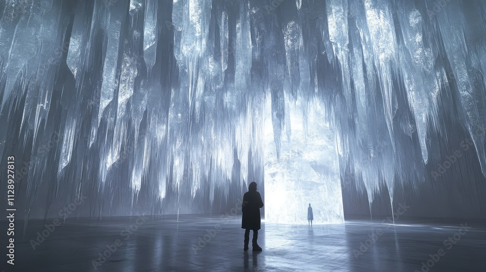 Poster a frozen art installation that mimics natural ice caves, with translucent ice shapes hanging in laye