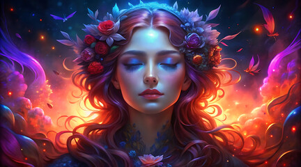 Naklejka premium Fantasy portrait, goddess of nature, ethereal beauty, glowing eyes, colorful flowers in hair, cosmic background