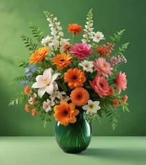 Fresh Floral Arrangement against Soft Green Background, delicate petals, soft pink accents, calm and peaceful scene