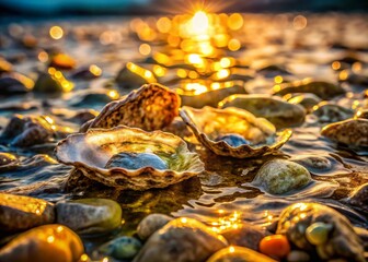 Fototapeta premium Detailed Low Light Photography of Oyster Shells in Tide Pool with Sunlight Reflections, Water Ripples, and Small Fish Swimming Nearby