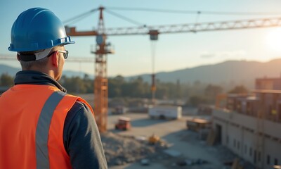 Construction workers at work on a construction site with safety gear and equipment, Generative AI