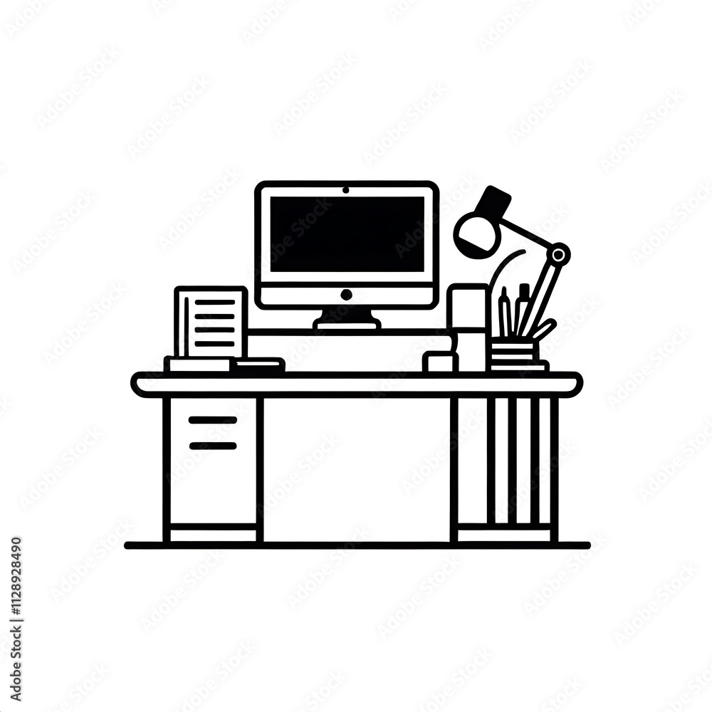 Poster organized workspace: simple line art desktop setup