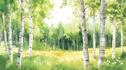 Obraz premium A birch forest in early spring with fresh green leaves and scattered blossoms, watercolor style