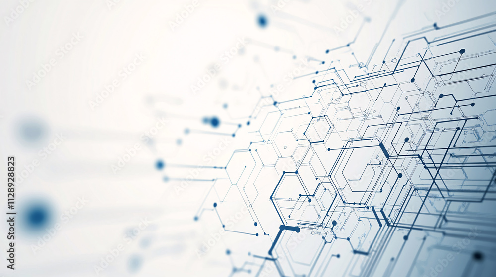 Leinwandbilder An abstract background with black lines and hexagons on a clean white backdrop, creating a sleek, futuristic tech design.

