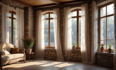 Cozy interior of a rustic stone building with white framed windows and lace curtains, cozy, rustic, interior