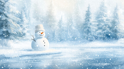 A snowman near a frozen pond surrounded by tall pine trees, with soft snowflakes falling, watercolor style