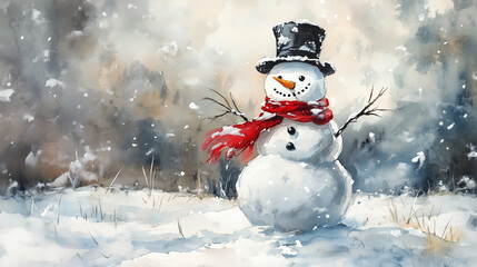 Obraz premium A cheerful snowman with a red scarf and a black top hat, standing in a snow-covered meadow, watercolor style