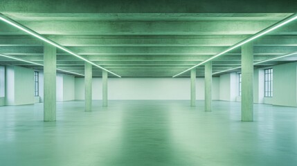 Obraz premium Spacious Modern Interior with Concrete Pillars and Neon Lighting