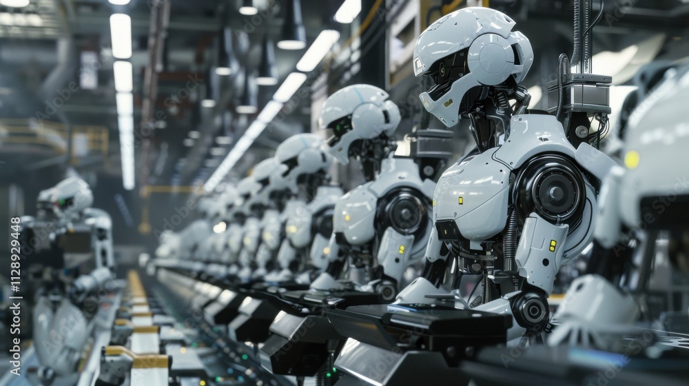 Poster advanced humanoid robots working on an assembly line inside a technologically advanced factory, show