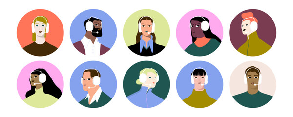 Fototapeta premium Call center and hotline agents. Help desk, face avatars set. Customer service, support centre representatives, helpdesk workers, head portraits. Flat vector illustrations isolated on white background.